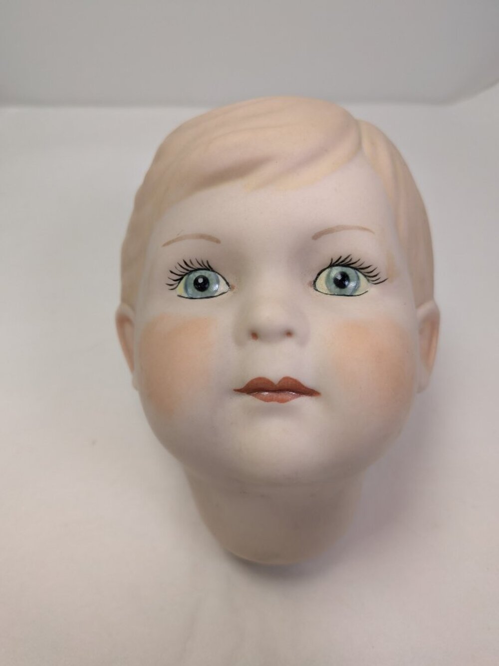 Vintage Bisque Porcelain Doll Head Molded Hair Blue Eyes 14"